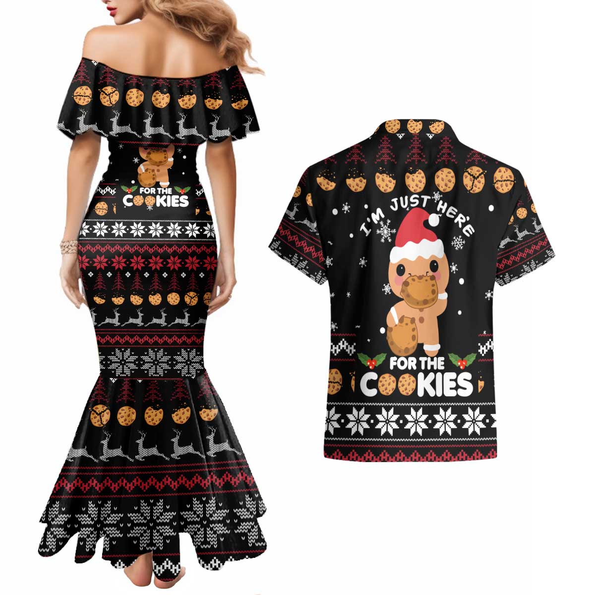 Just Here For The Cookies Christmas Couples Matching Mermaid Dress and Hawaiian Shirt Funny Xmas Holiday Patterns - Wonder Print Shop