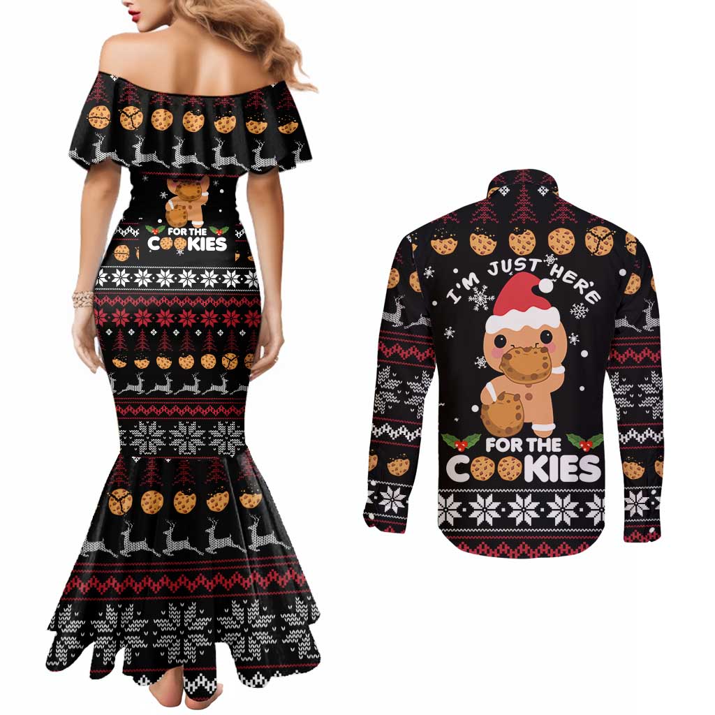 Just Here For The Cookies Christmas Couples Matching Mermaid Dress and Long Sleeve Button Shirt Funny Xmas Holiday Patterns - Wonder Print Shop