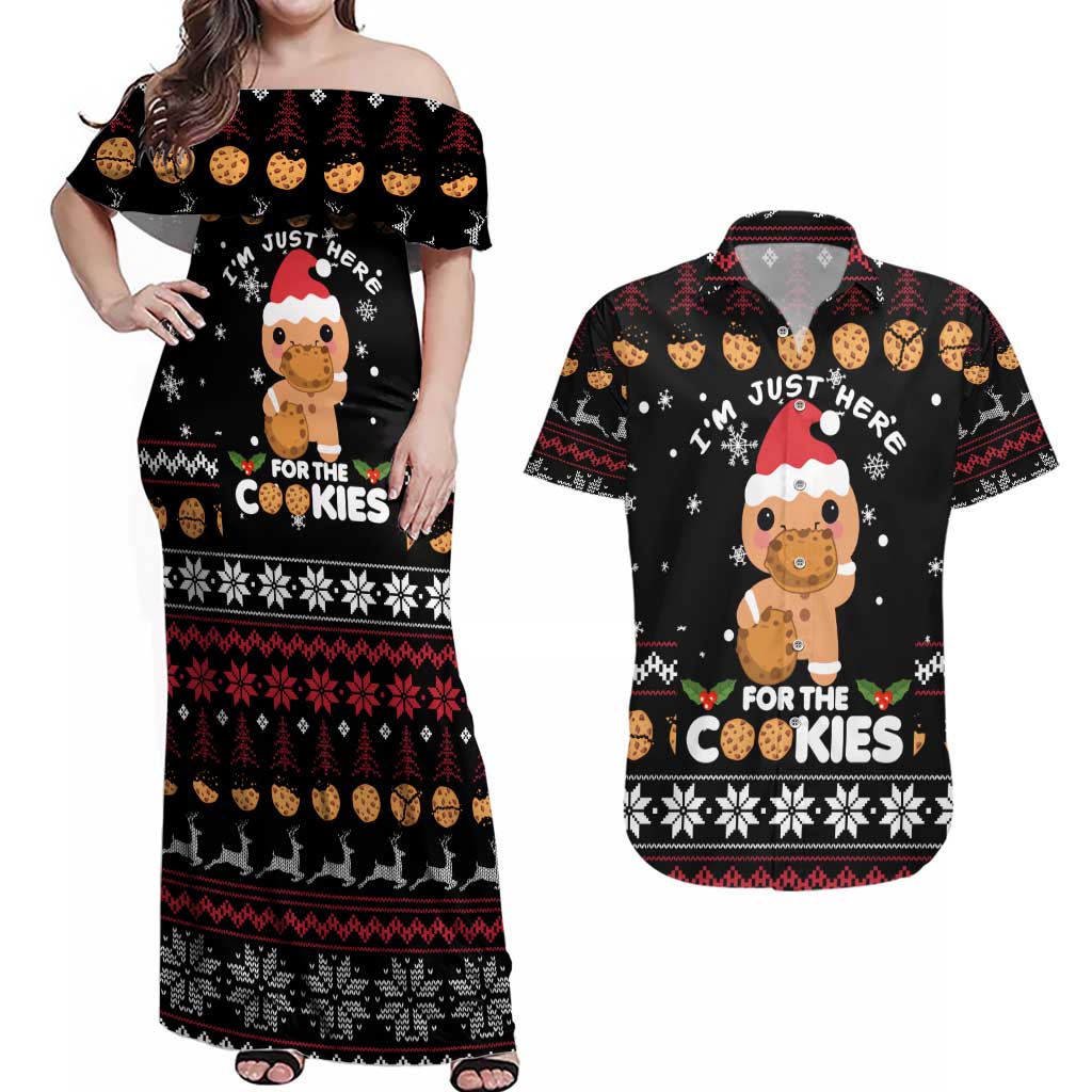 Just Here For The Cookies Christmas Couples Matching Off Shoulder Maxi Dress and Hawaiian Shirt Funny Xmas Holiday Patterns - Wonder Print Shop