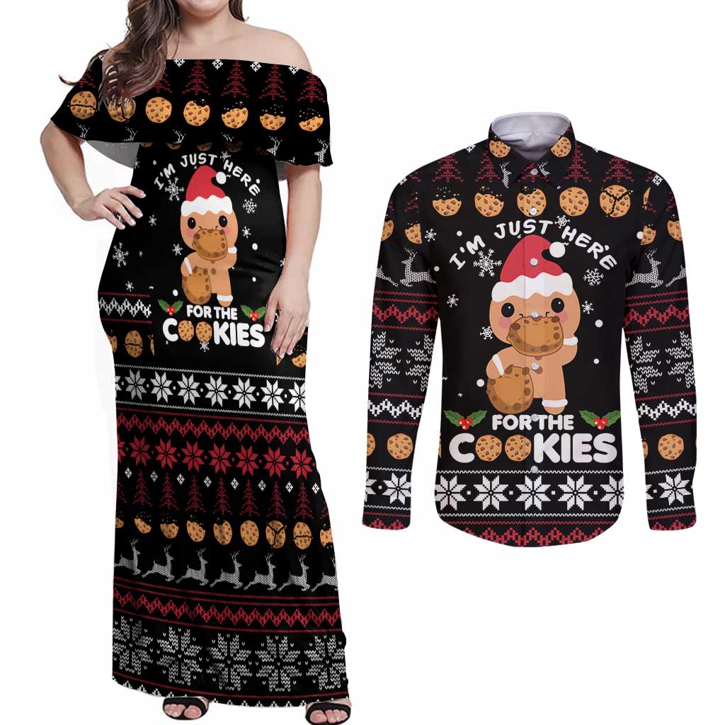 Just Here For The Cookies Christmas Couples Matching Off Shoulder Maxi Dress and Long Sleeve Button Shirt Funny Xmas Holiday Patterns - Wonder Print Shop
