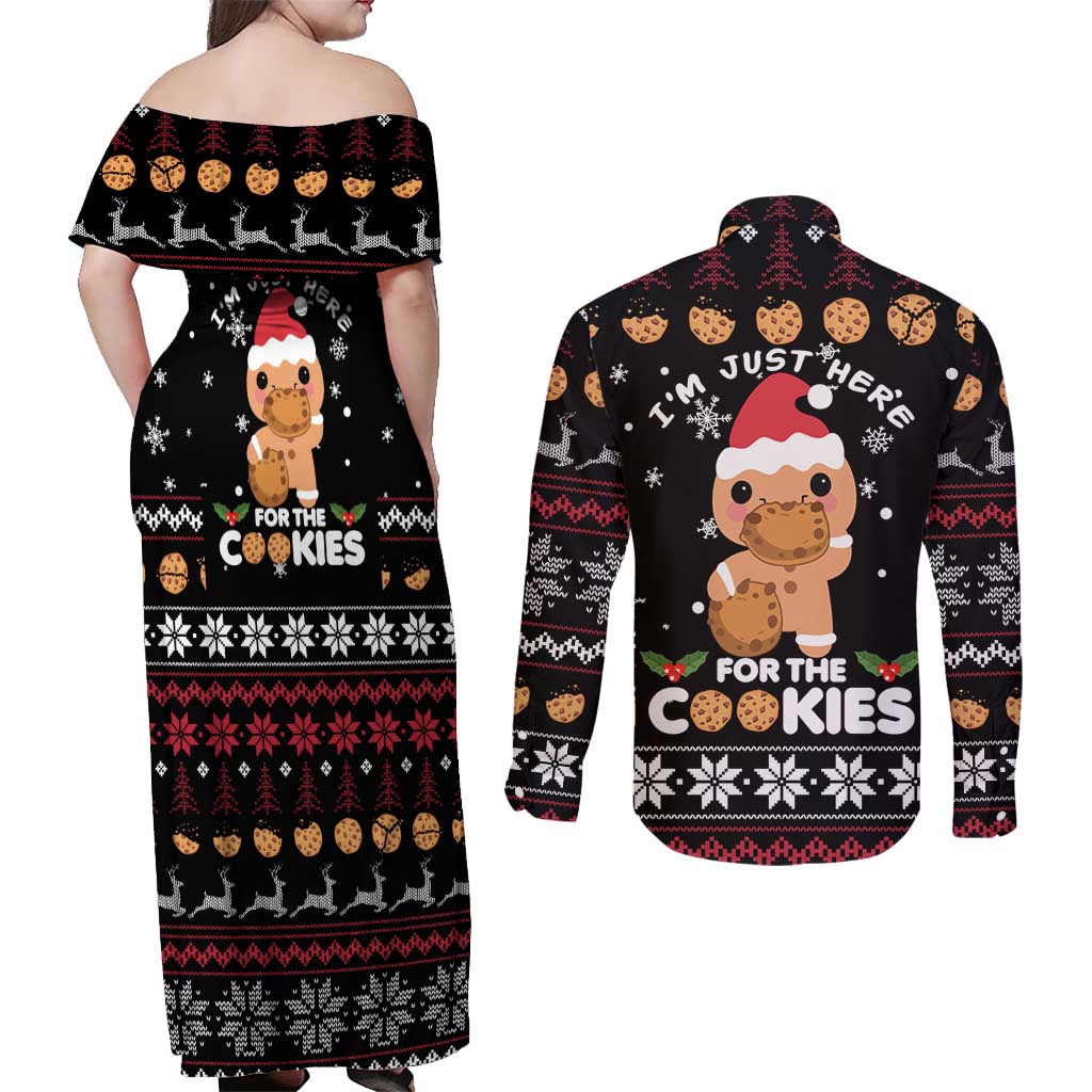 Just Here For The Cookies Christmas Couples Matching Off Shoulder Maxi Dress and Long Sleeve Button Shirt Funny Xmas Holiday Patterns - Wonder Print Shop