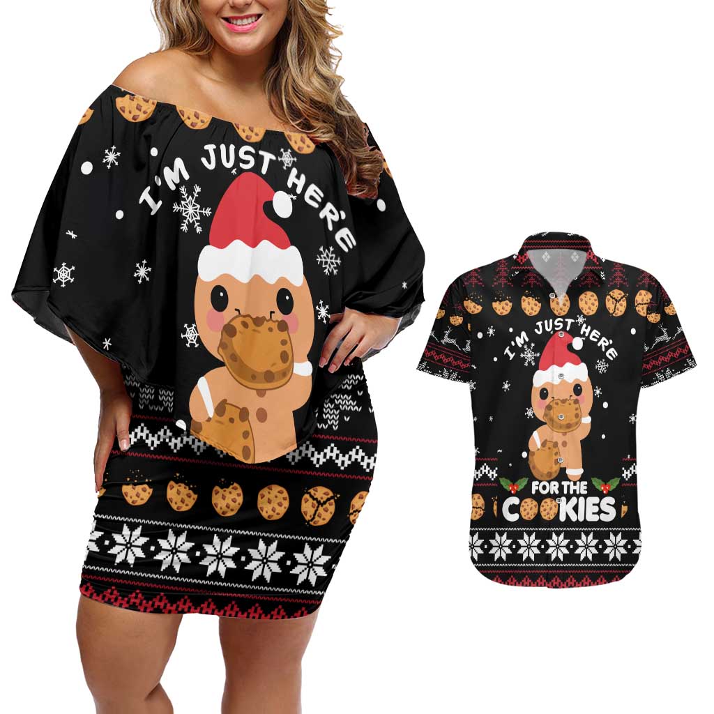 Just Here For The Cookies Christmas Couples Matching Off Shoulder Short Dress and Hawaiian Shirt Funny Xmas Holiday Patterns - Wonder Print Shop