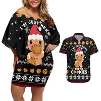 Just Here For The Cookies Christmas Couples Matching Off Shoulder Short Dress and Hawaiian Shirt Funny Xmas Holiday Patterns - Wonder Print Shop