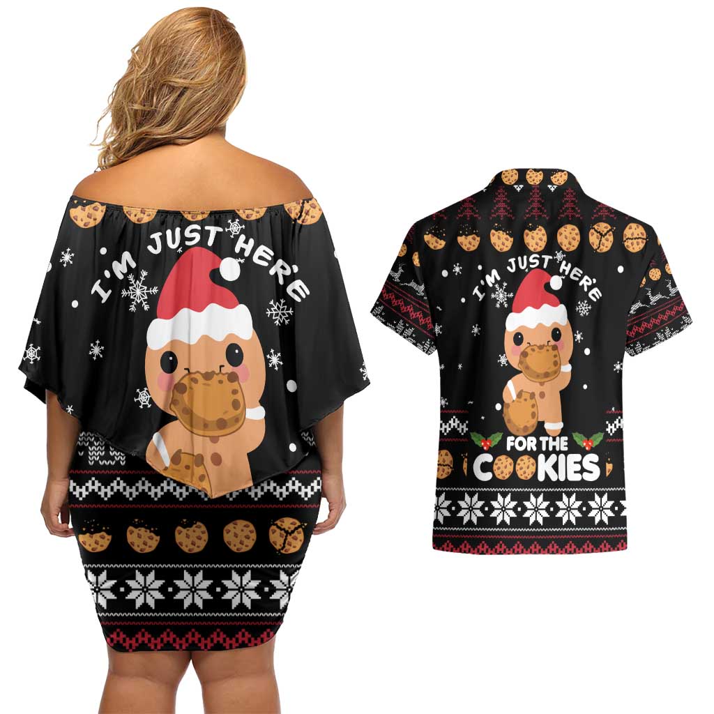 Just Here For The Cookies Christmas Couples Matching Off Shoulder Short Dress and Hawaiian Shirt Funny Xmas Holiday Patterns - Wonder Print Shop