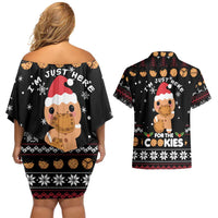 Just Here For The Cookies Christmas Couples Matching Off Shoulder Short Dress and Hawaiian Shirt Funny Xmas Holiday Patterns - Wonder Print Shop