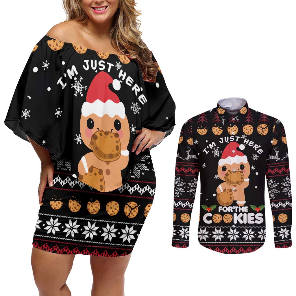 Just Here For The Cookies Christmas Couples Matching Off Shoulder Short Dress and Long Sleeve Button Shirt Funny Xmas Holiday Patterns - Wonder Print Shop