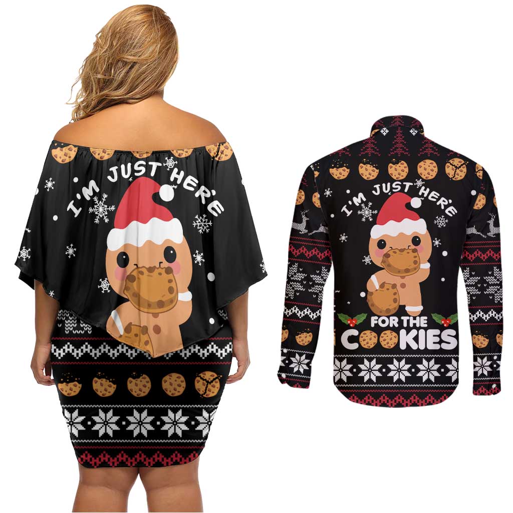 Just Here For The Cookies Christmas Couples Matching Off Shoulder Short Dress and Long Sleeve Button Shirt Funny Xmas Holiday Patterns - Wonder Print Shop