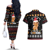 Just Here For The Cookies Christmas Couples Matching Off The Shoulder Long Sleeve Dress and Hawaiian Shirt Funny Xmas Holiday Patterns - Wonder Print Shop