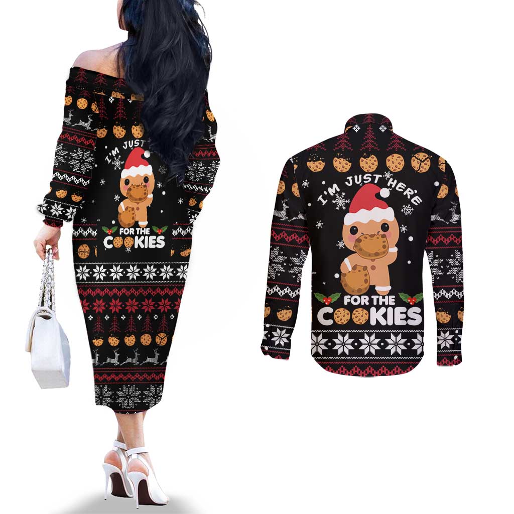 Just Here For The Cookies Christmas Couples Matching Off The Shoulder Long Sleeve Dress and Long Sleeve Button Shirt Funny Xmas Holiday Patterns - Wonder Print Shop