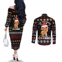 Just Here For The Cookies Christmas Couples Matching Off The Shoulder Long Sleeve Dress and Long Sleeve Button Shirt Funny Xmas Holiday Patterns - Wonder Print Shop