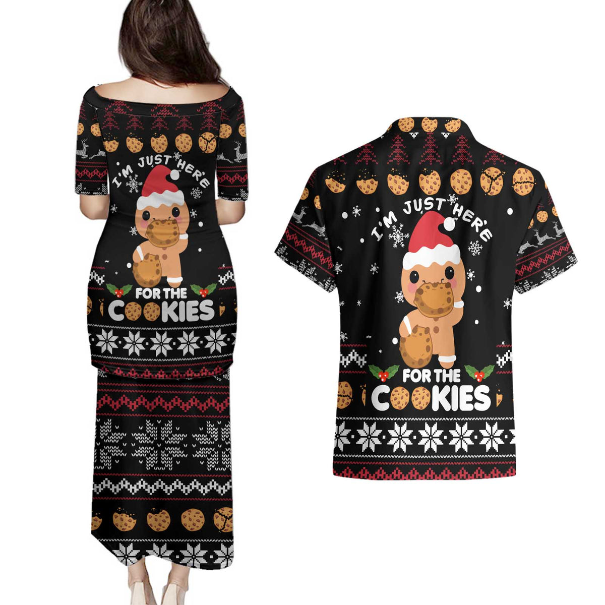 Just Here For The Cookies Christmas Couples Matching Puletasi and Hawaiian Shirt Funny Xmas Holiday Patterns - Wonder Print Shop