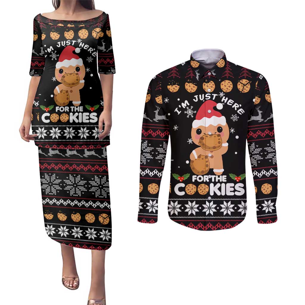 Just Here For The Cookies Christmas Couples Matching Puletasi and Long Sleeve Button Shirt Funny Xmas Holiday Patterns - Wonder Print Shop