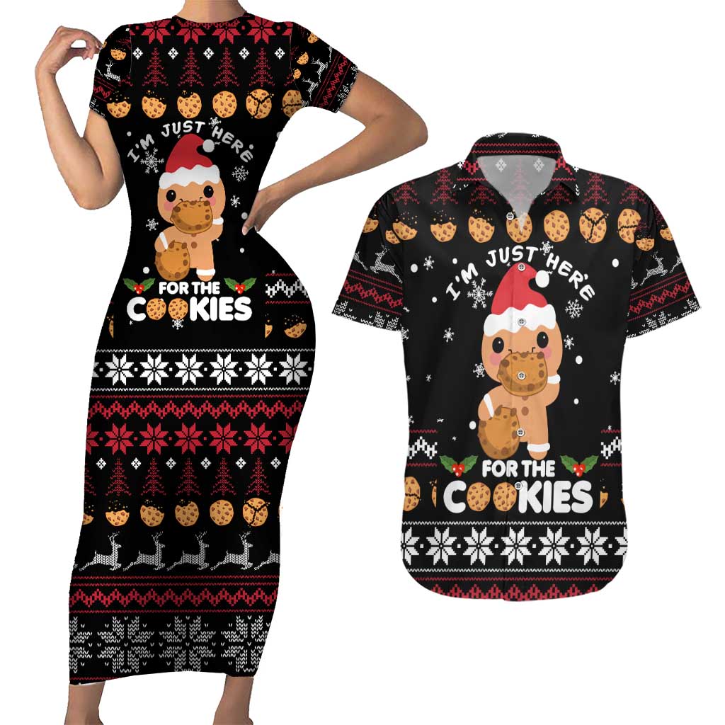 Just Here For The Cookies Christmas Couples Matching Short Sleeve Bodycon Dress and Hawaiian Shirt Funny Xmas Holiday Patterns - Wonder Print Shop
