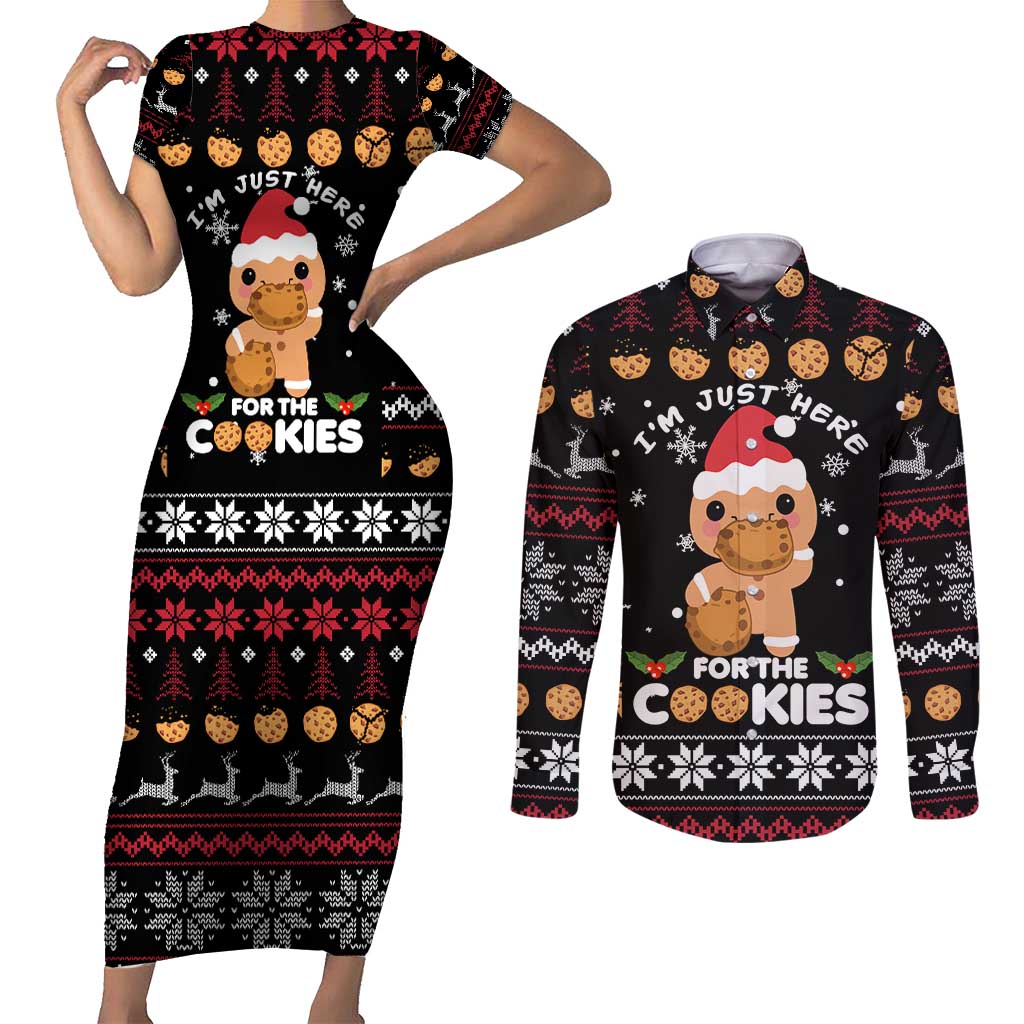 Just Here For The Cookies Christmas Couples Matching Short Sleeve Bodycon Dress and Long Sleeve Button Shirt Funny Xmas Holiday Patterns - Wonder Print Shop