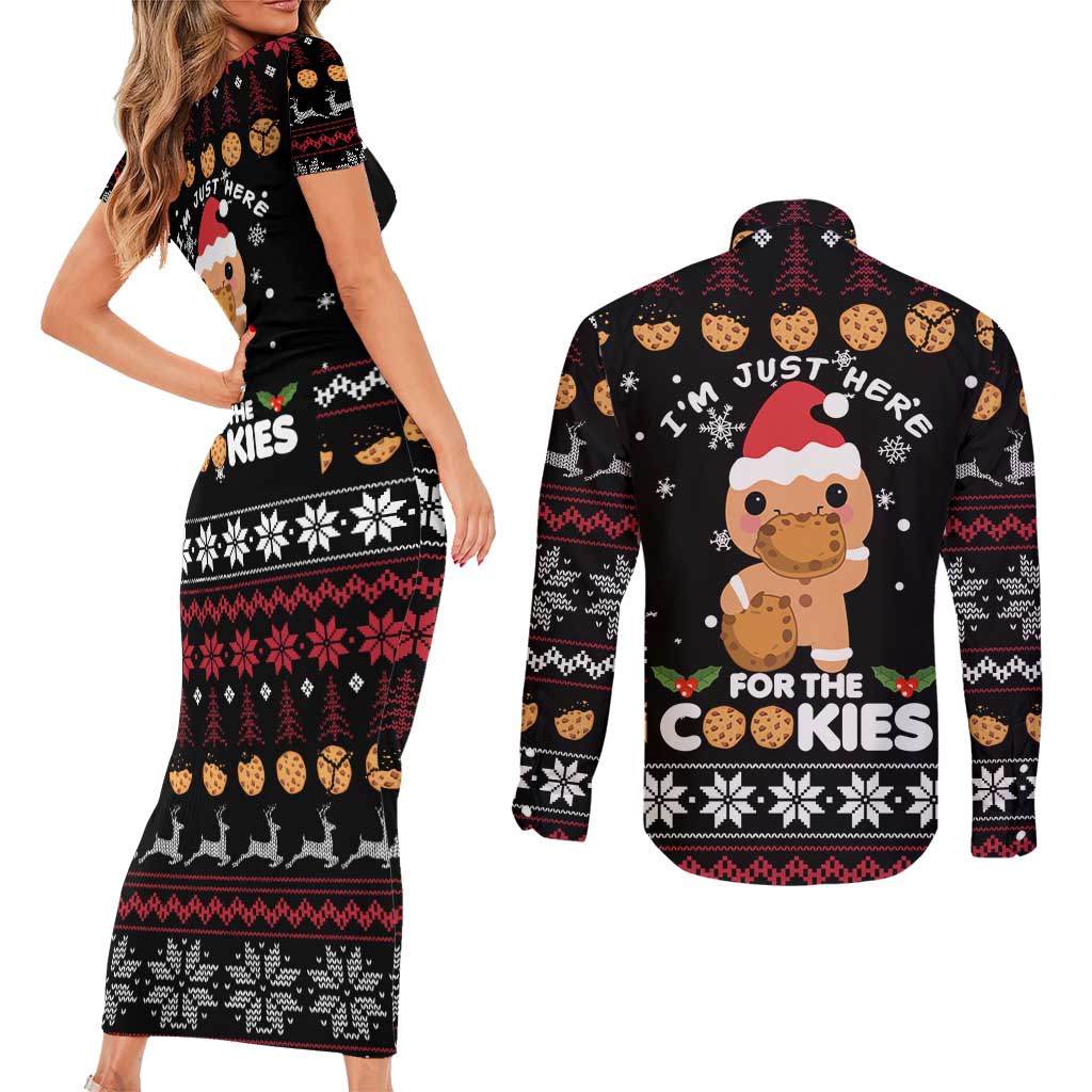 Just Here For The Cookies Christmas Couples Matching Short Sleeve Bodycon Dress and Long Sleeve Button Shirt Funny Xmas Holiday Patterns - Wonder Print Shop