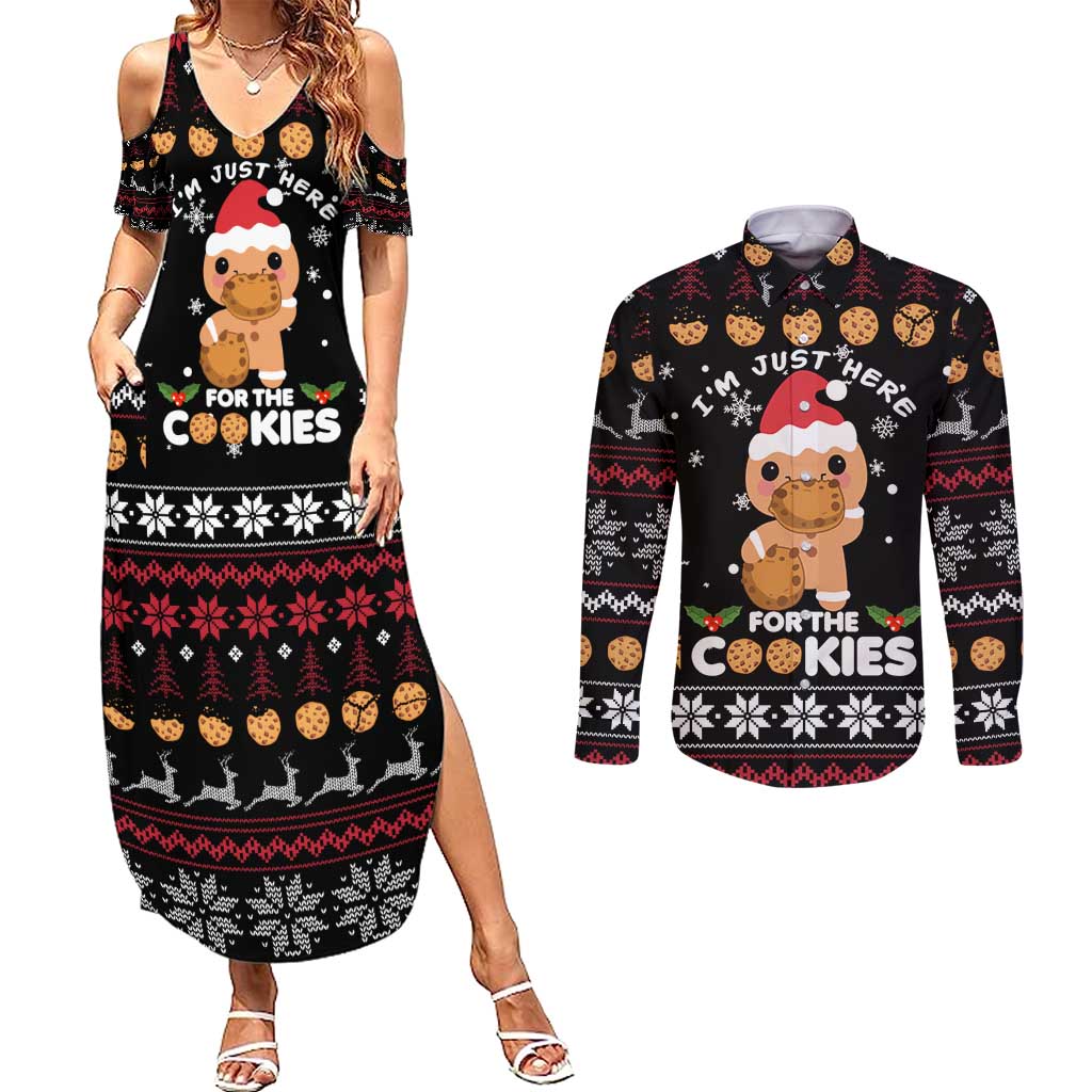 Just Here For The Cookies Christmas Couples Matching Summer Maxi Dress and Long Sleeve Button Shirt Funny Xmas Holiday Patterns - Wonder Print Shop
