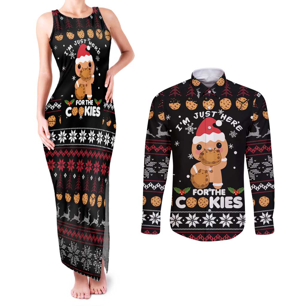 Just Here For The Cookies Christmas Couples Matching Tank Maxi Dress and Long Sleeve Button Shirt Funny Xmas Holiday Patterns - Wonder Print Shop