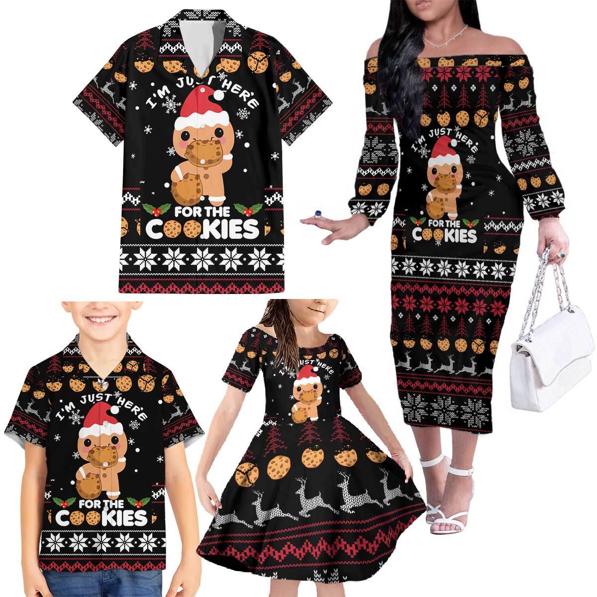 Just Here For The Cookies Christmas Family Matching Off The Shoulder Long Sleeve Dress and Hawaiian Shirt Funny Xmas Holiday Patterns - Wonder Print Shop