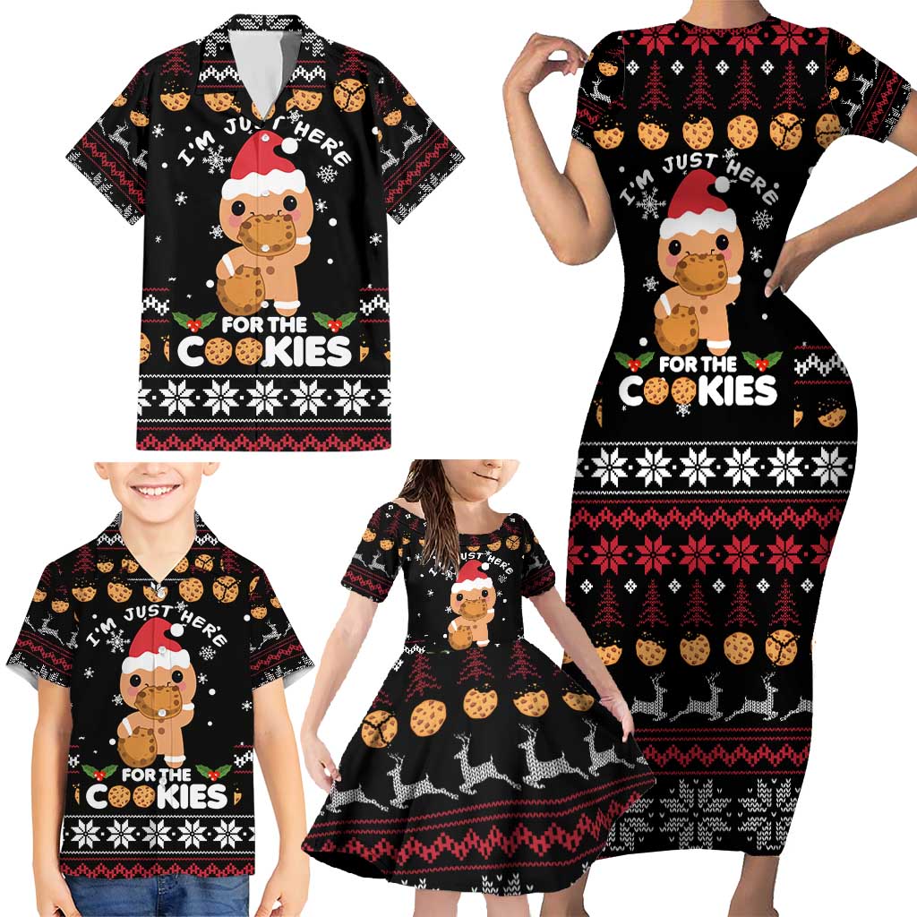 Just Here For The Cookies Christmas Family Matching Short Sleeve Bodycon Dress and Hawaiian Shirt Funny Xmas Holiday Patterns - Wonder Print Shop