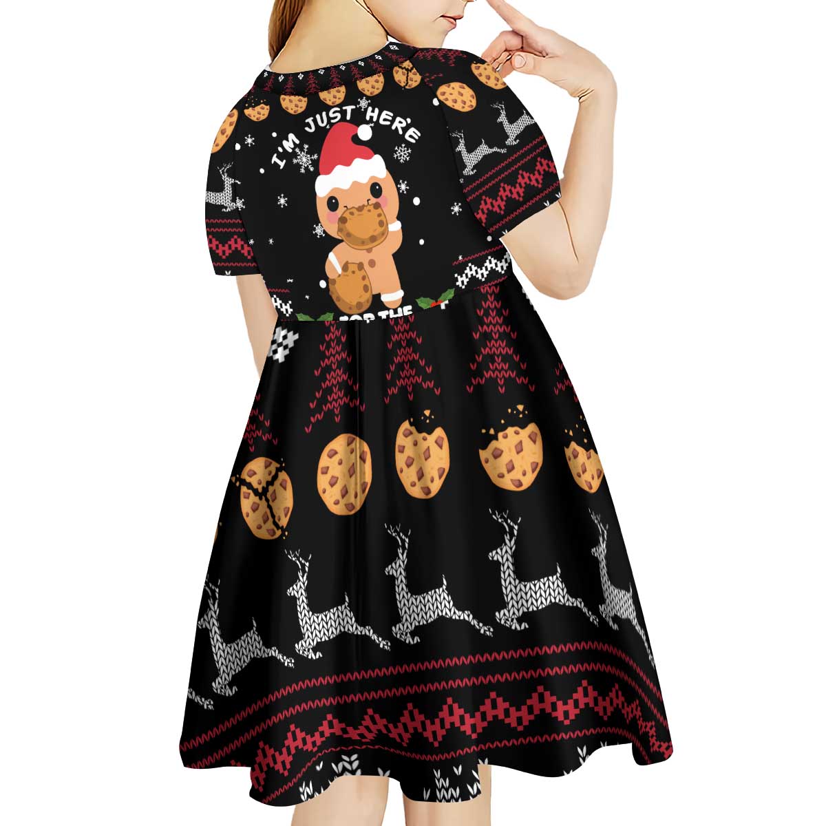 Just Here For The Cookies Christmas Kid Short Sleeve Dress Funny Xmas Holiday Patterns - Wonder Print Shop