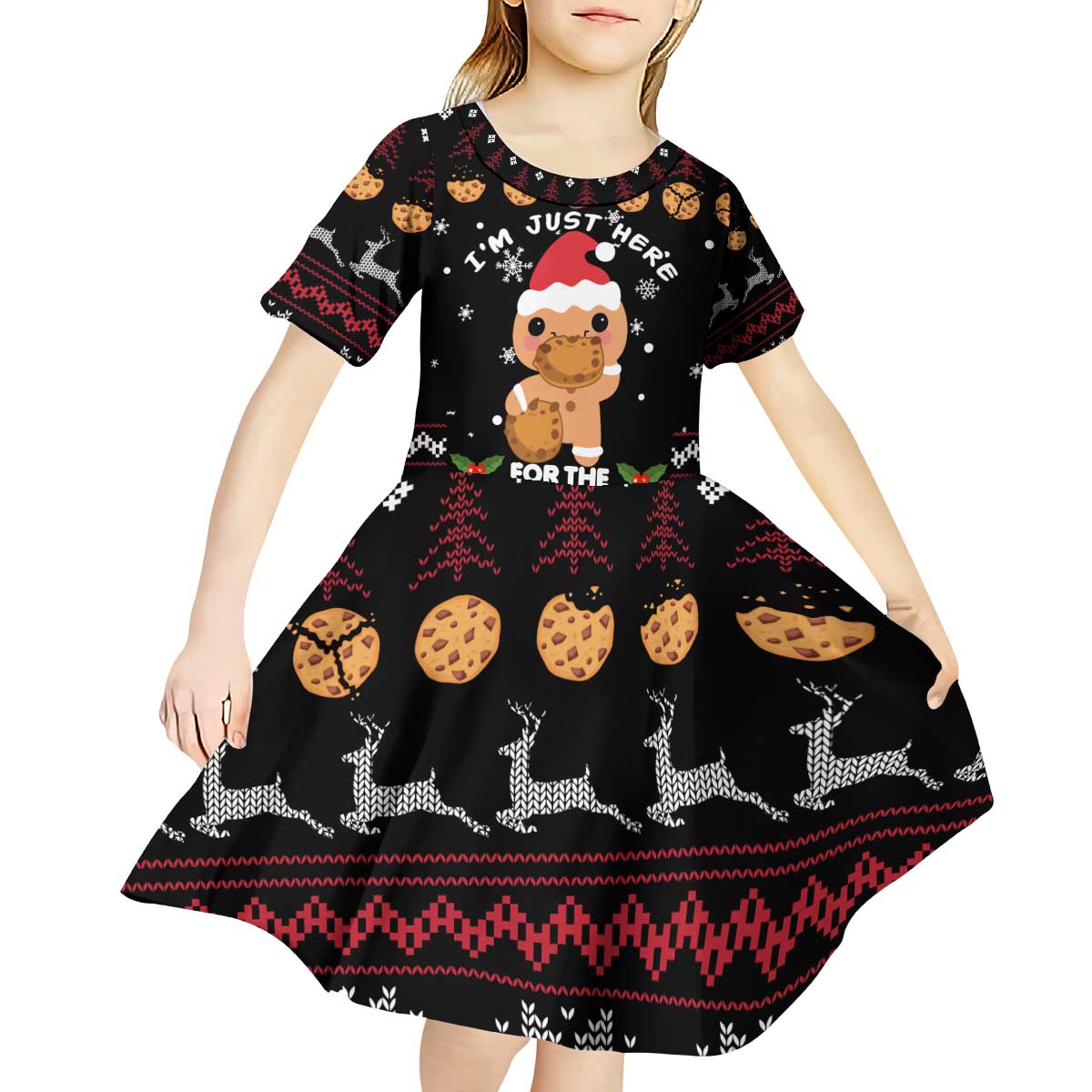 Just Here For The Cookies Christmas Kid Short Sleeve Dress Funny Xmas Holiday Patterns - Wonder Print Shop