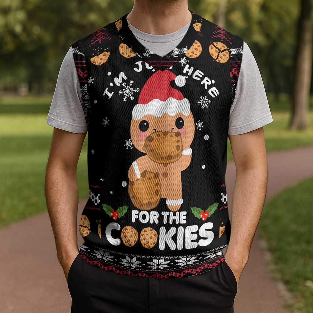 Just Here For The Cookies Christmas Knitted V-Neck Vest Funny Xmas Holiday Patterns - Wonder Print Shop