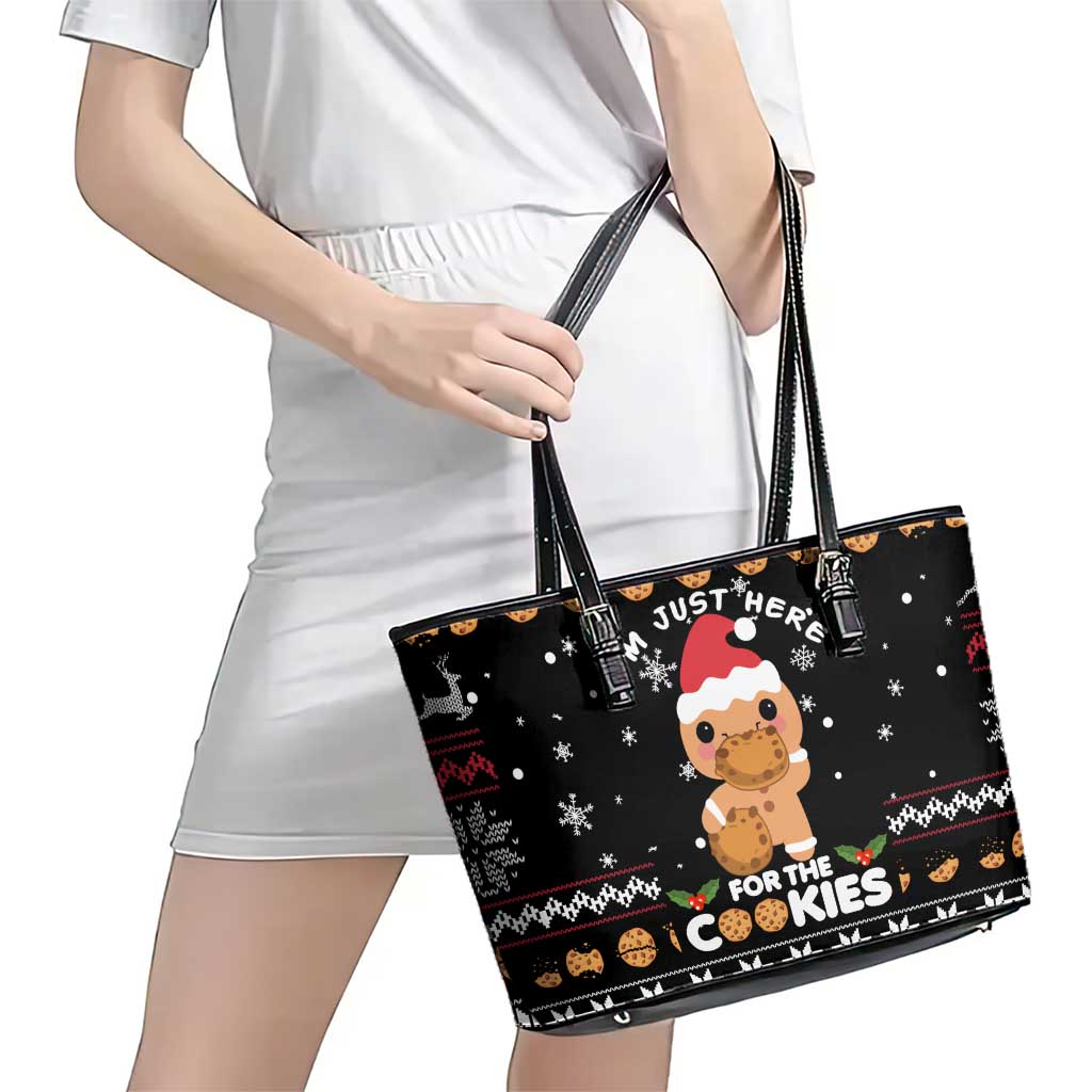 Just Here For The Cookies Christmas Leather Tote Bag Funny Xmas Holiday Patterns - Wonder Print Shop