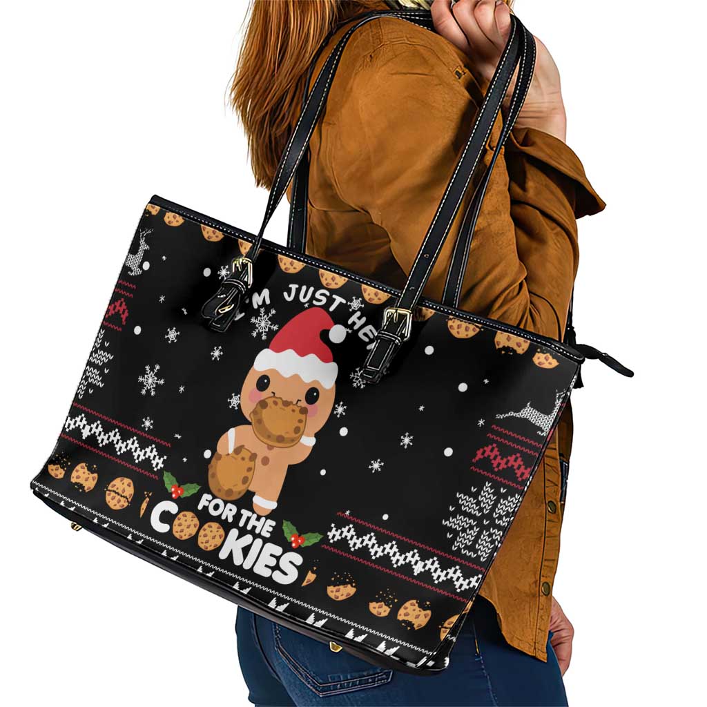 Just Here For The Cookies Christmas Leather Tote Bag Funny Xmas Holiday Patterns - Wonder Print Shop