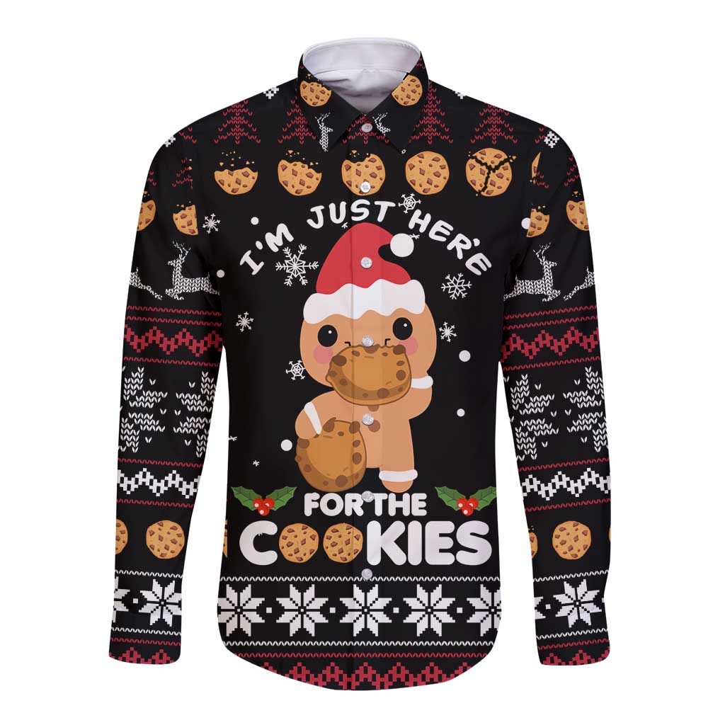 Just Here For The Cookies Christmas Long Sleeve Button Shirt Funny Xmas Holiday Patterns - Wonder Print Shop