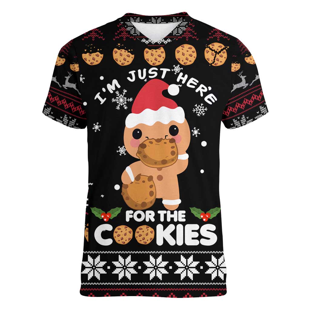 Just Here For The Cookies Christmas Women V-Neck T-Shirt Funny Xmas Holiday Patterns - Wonder Print Shop