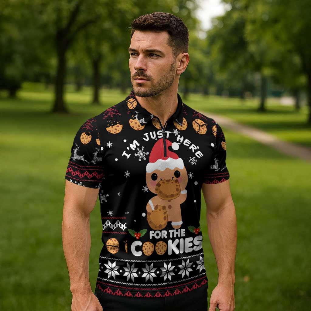 Just Here For The Cookies Christmas Zipper Polo Shirt Funny Xmas Holiday Patterns - Wonder Print Shop