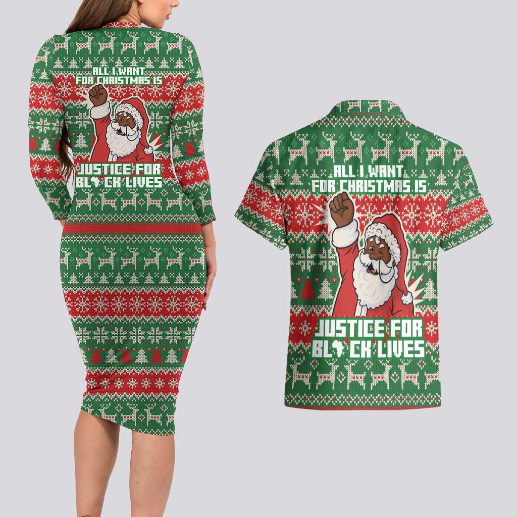 Justice For Black Lives Christmas Couples Matching Long Sleeve Bodycon Dress and Hawaiian Shirt Funny Xmas Holiday Patterns - Wonder Print Shop