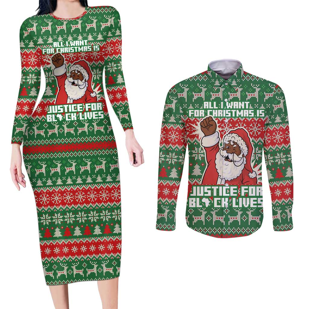 Justice For Black Lives Christmas Couples Matching Long Sleeve Bodycon Dress and Long Sleeve Button Shirt Funny Xmas Holiday Patterns - Wonder Print Shop