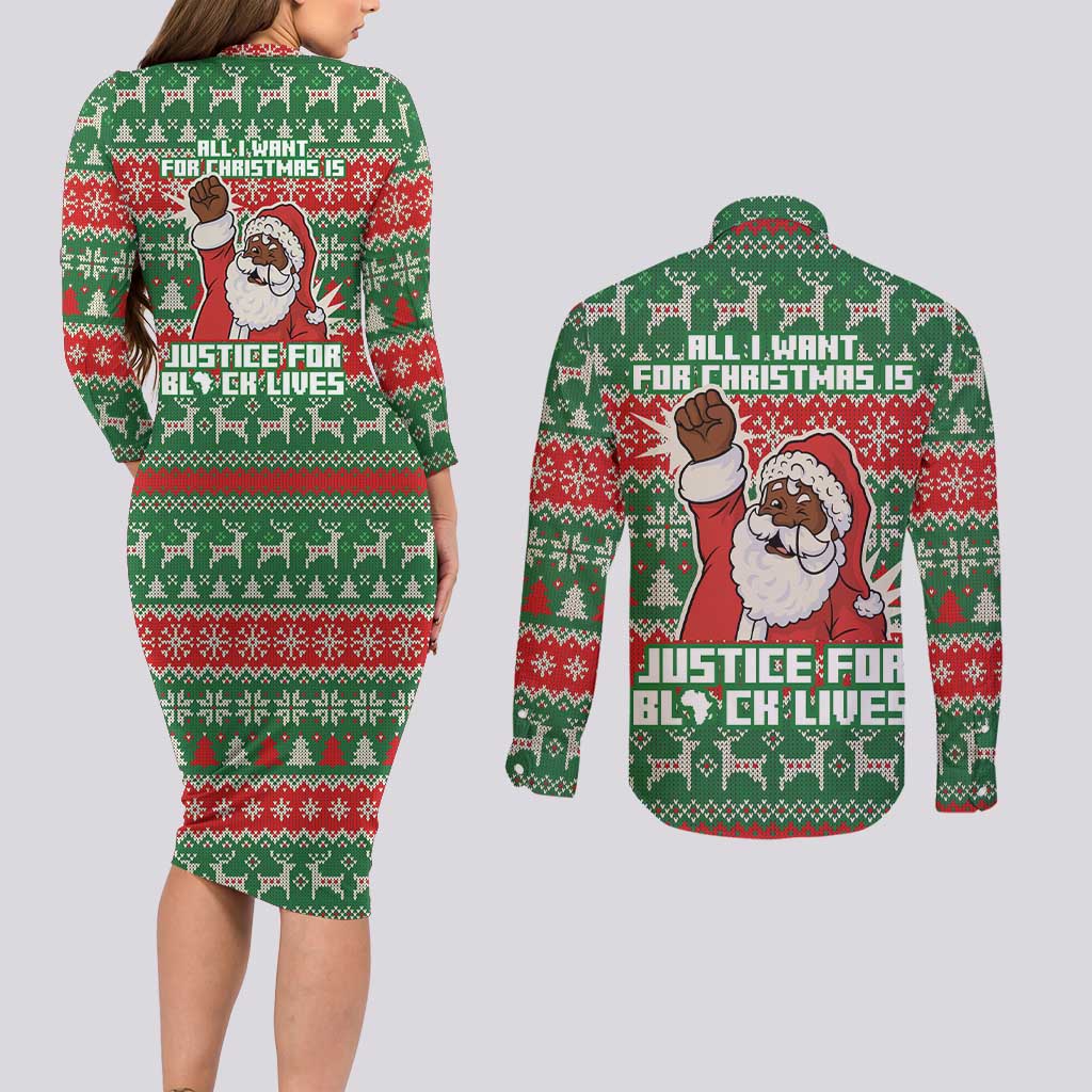 Justice For Black Lives Christmas Couples Matching Long Sleeve Bodycon Dress and Long Sleeve Button Shirt Funny Xmas Holiday Patterns - Wonder Print Shop