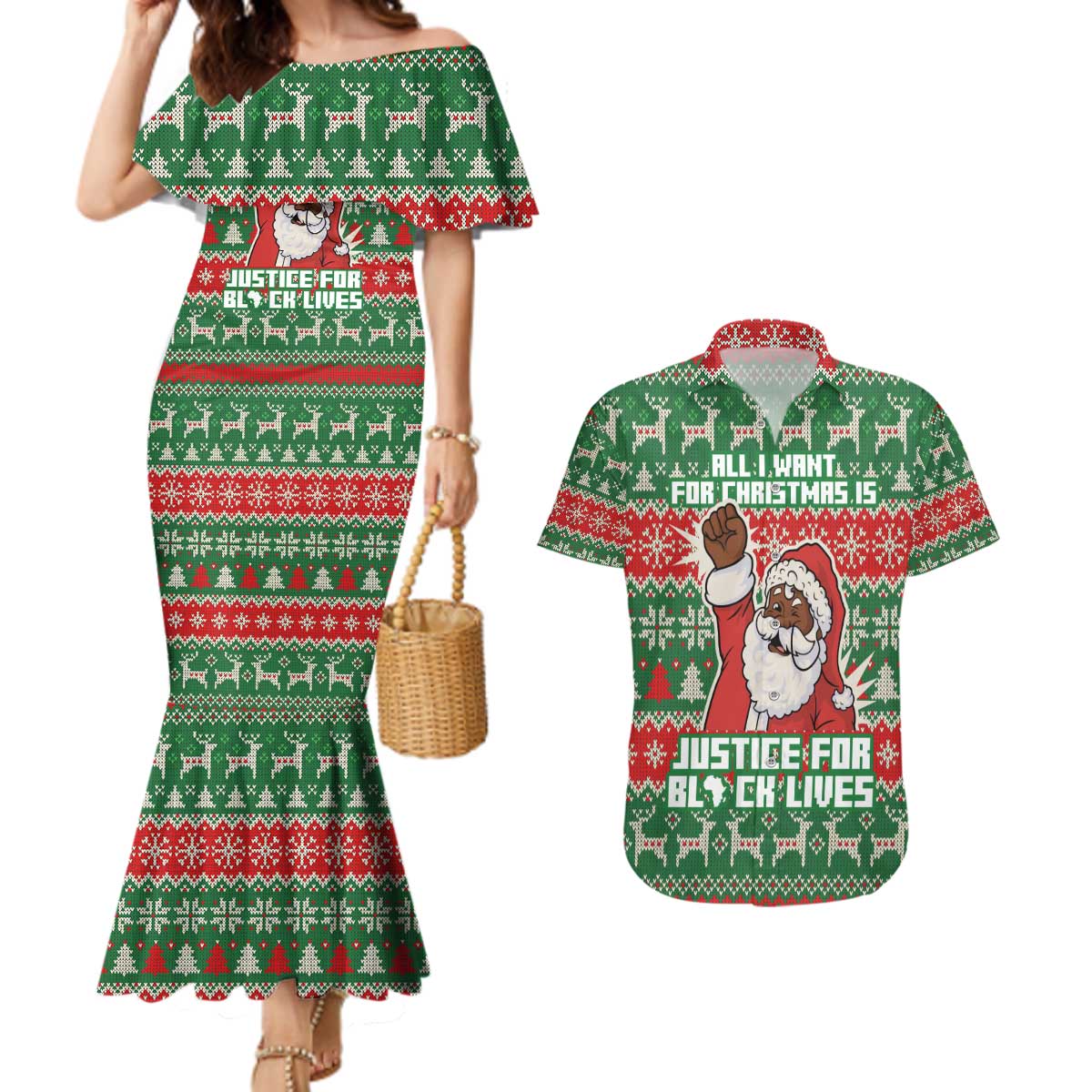 Justice For Black Lives Christmas Couples Matching Mermaid Dress and Hawaiian Shirt Funny Xmas Holiday Patterns - Wonder Print Shop