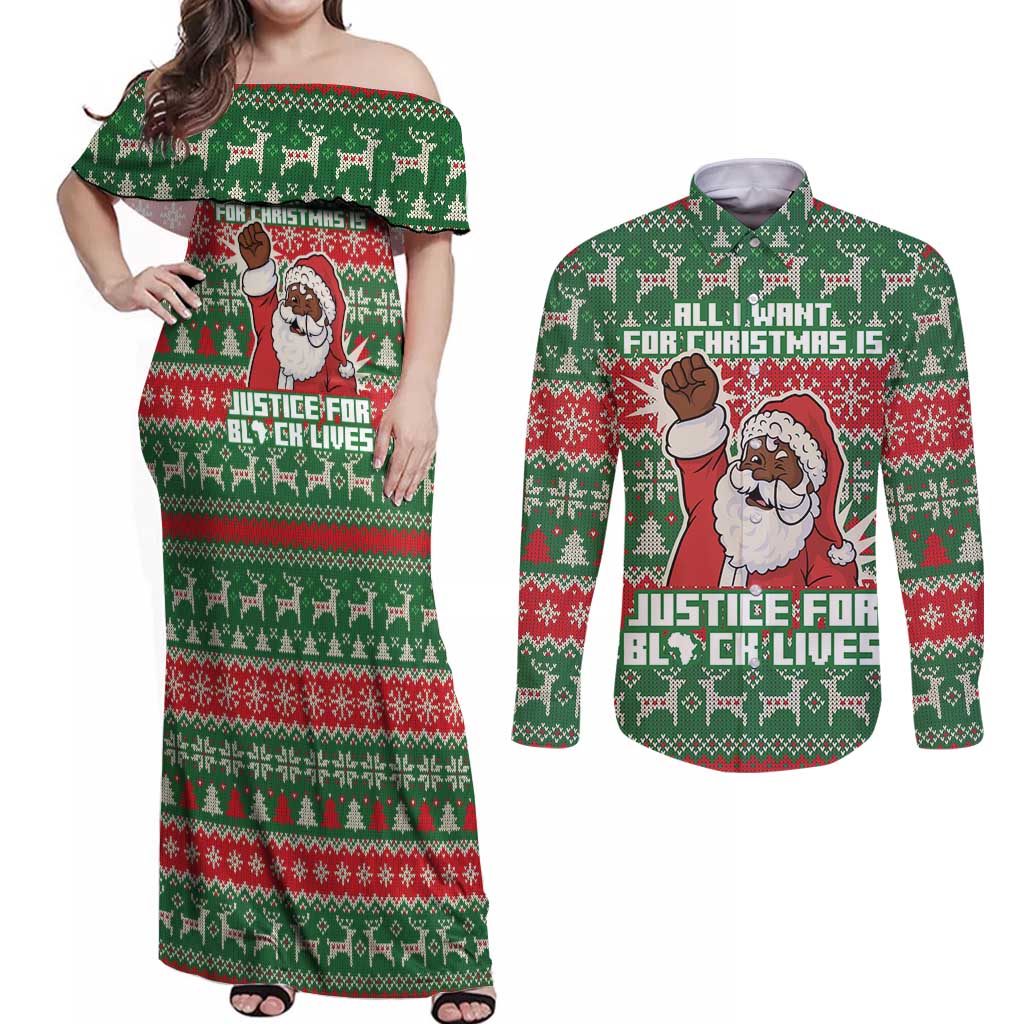 Justice For Black Lives Christmas Couples Matching Off Shoulder Maxi Dress and Long Sleeve Button Shirt Funny Xmas Holiday Patterns - Wonder Print Shop