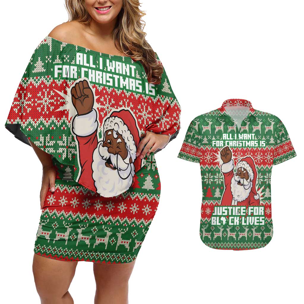 Justice For Black Lives Christmas Couples Matching Off Shoulder Short Dress and Hawaiian Shirt Funny Xmas Holiday Patterns - Wonder Print Shop