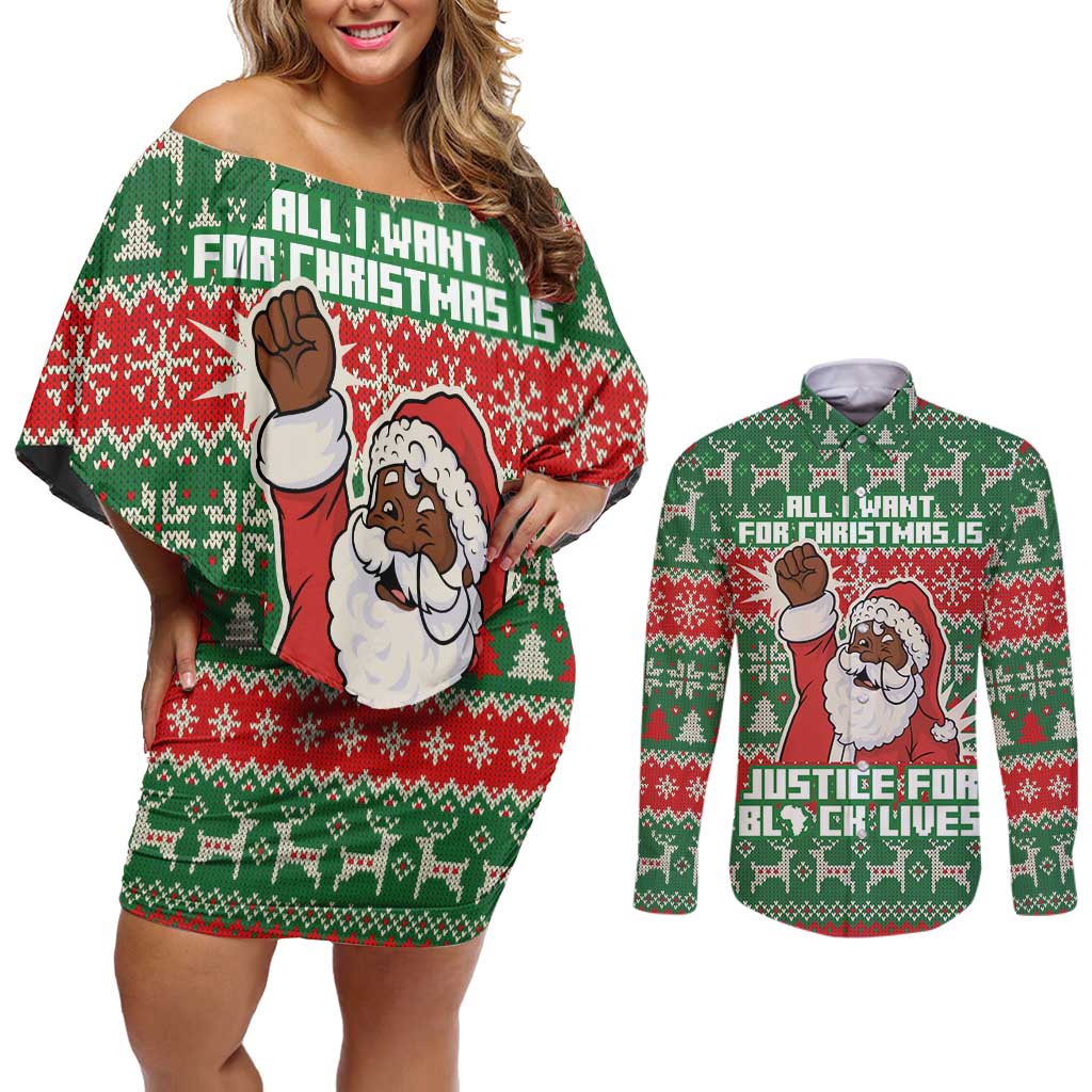 Justice For Black Lives Christmas Couples Matching Off Shoulder Short Dress and Long Sleeve Button Shirt Funny Xmas Holiday Patterns - Wonder Print Shop