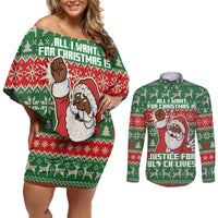 Justice For Black Lives Christmas Couples Matching Off Shoulder Short Dress and Long Sleeve Button Shirt Funny Xmas Holiday Patterns - Wonder Print Shop