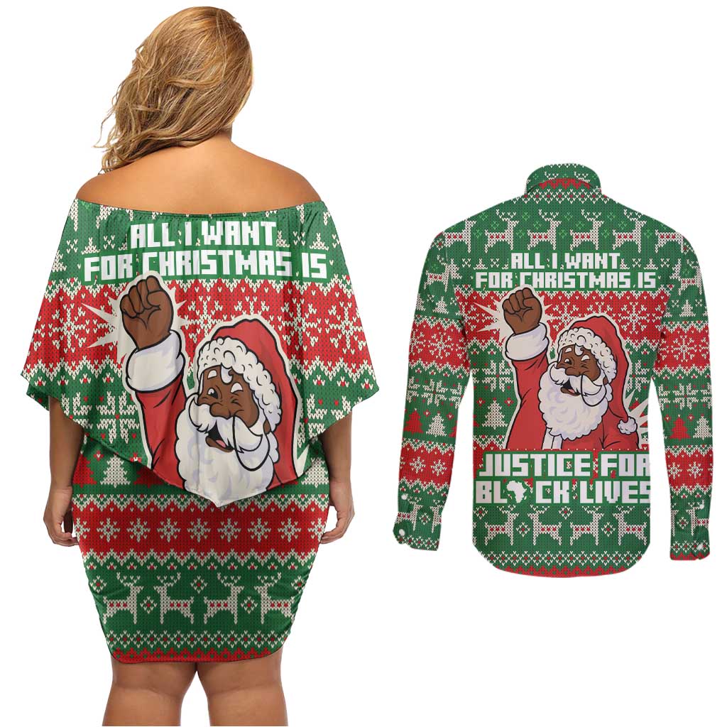 Justice For Black Lives Christmas Couples Matching Off Shoulder Short Dress and Long Sleeve Button Shirt Funny Xmas Holiday Patterns - Wonder Print Shop