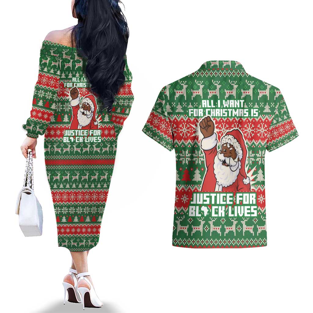 Justice For Black Lives Christmas Couples Matching Off The Shoulder Long Sleeve Dress and Hawaiian Shirt Funny Xmas Holiday Patterns - Wonder Print Shop