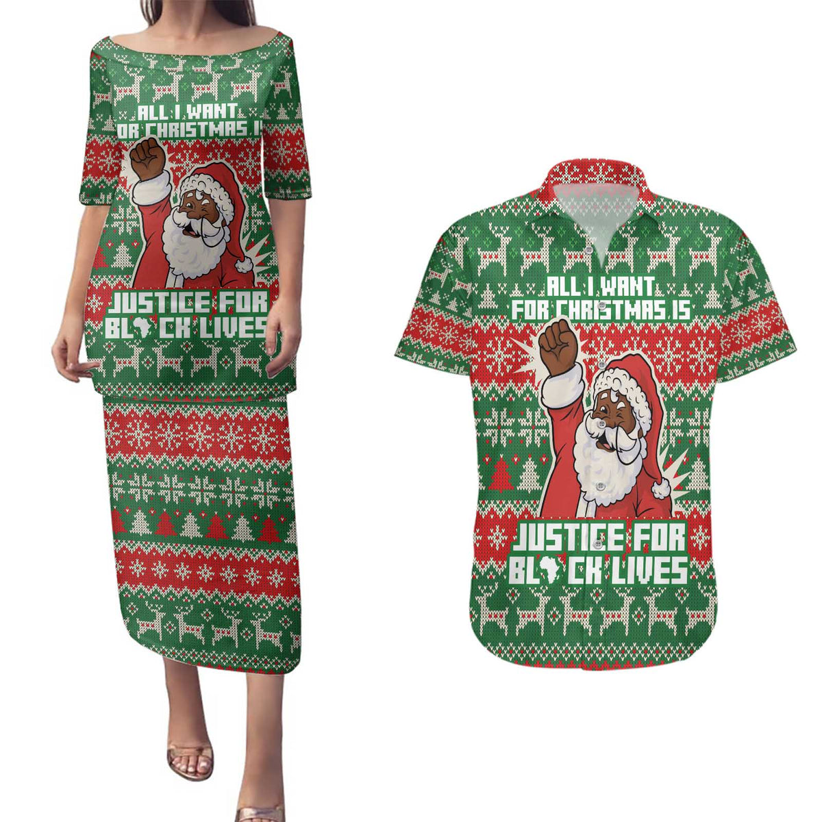 Justice For Black Lives Christmas Couples Matching Puletasi and Hawaiian Shirt Funny Xmas Holiday Patterns - Wonder Print Shop