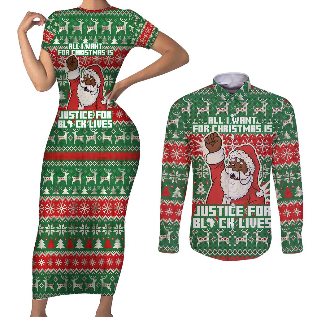 Justice For Black Lives Christmas Couples Matching Short Sleeve Bodycon Dress and Long Sleeve Button Shirt Funny Xmas Holiday Patterns - Wonder Print Shop