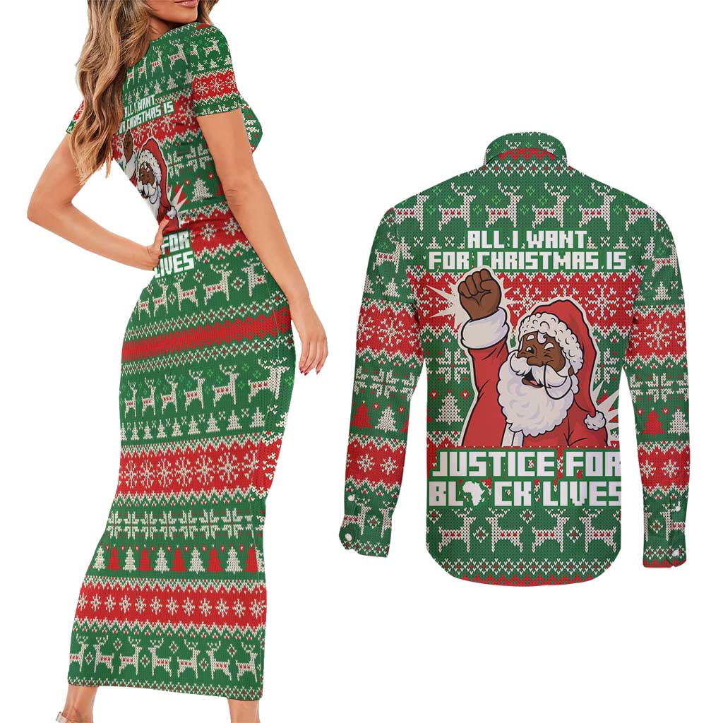 Justice For Black Lives Christmas Couples Matching Short Sleeve Bodycon Dress and Long Sleeve Button Shirt Funny Xmas Holiday Patterns - Wonder Print Shop