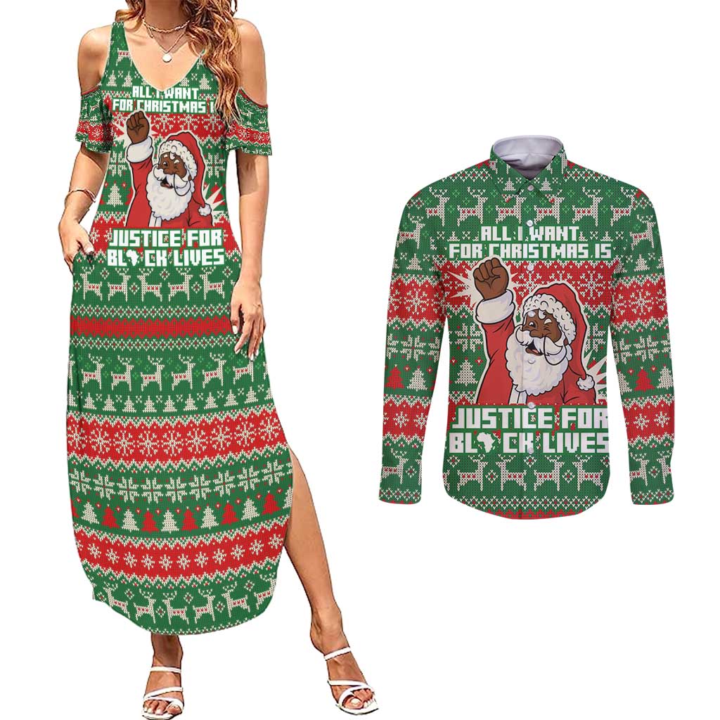 Justice For Black Lives Christmas Couples Matching Summer Maxi Dress and Long Sleeve Button Shirt Funny Xmas Holiday Patterns - Wonder Print Shop