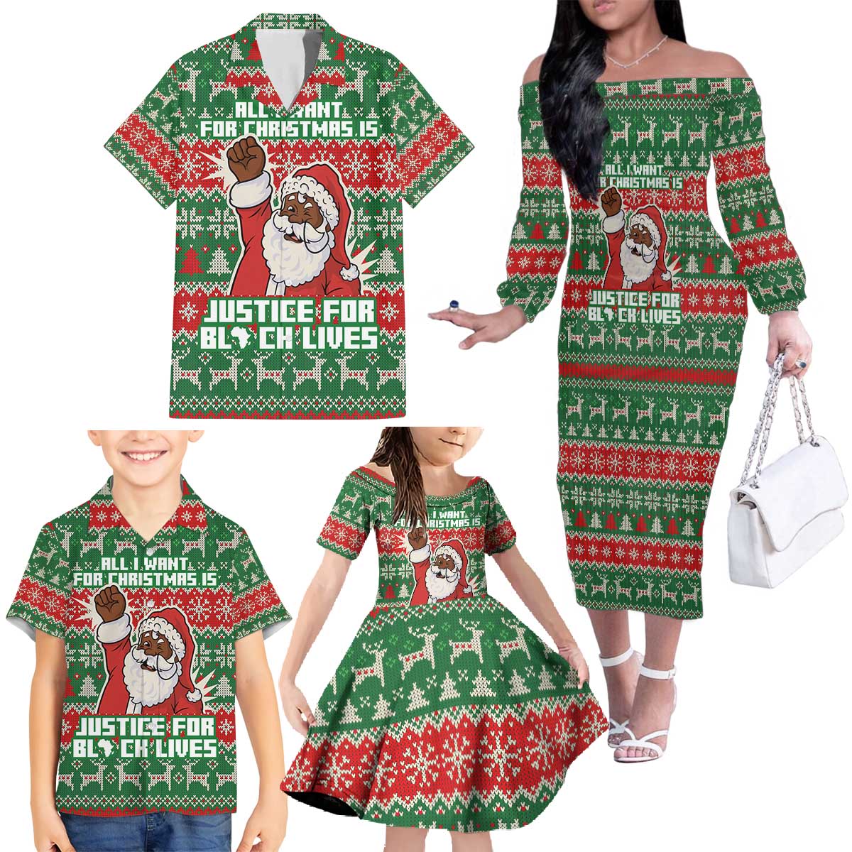 Justice For Black Lives Christmas Family Matching Off The Shoulder Long Sleeve Dress and Hawaiian Shirt Funny Xmas Holiday Patterns - Wonder Print Shop