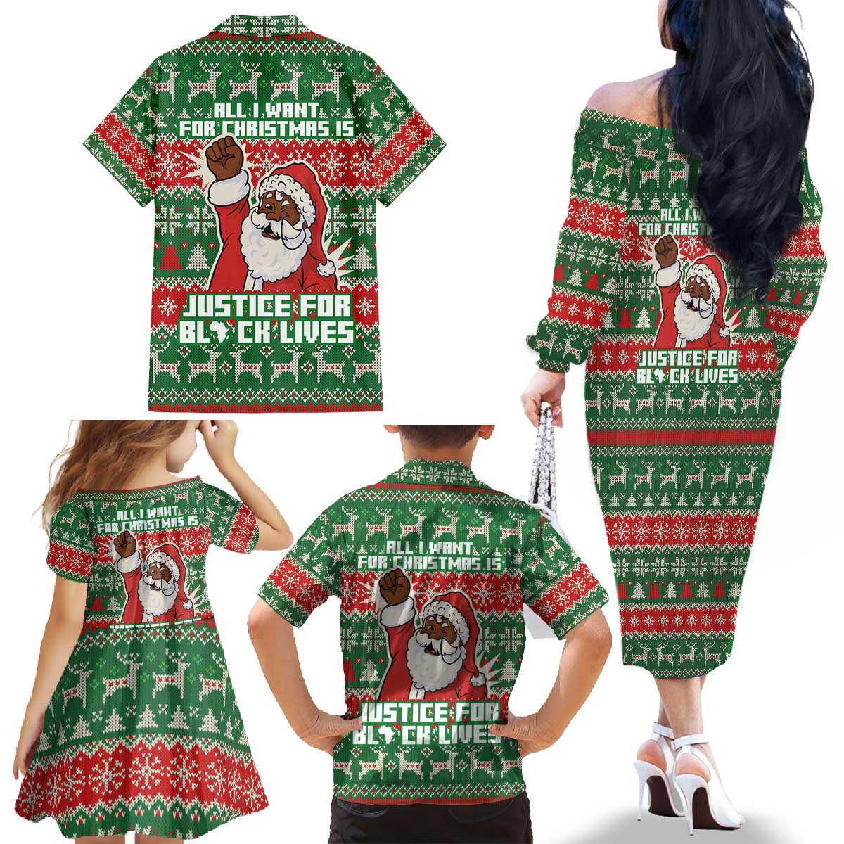 Justice For Black Lives Christmas Family Matching Off The Shoulder Long Sleeve Dress and Hawaiian Shirt Funny Xmas Holiday Patterns - Wonder Print Shop