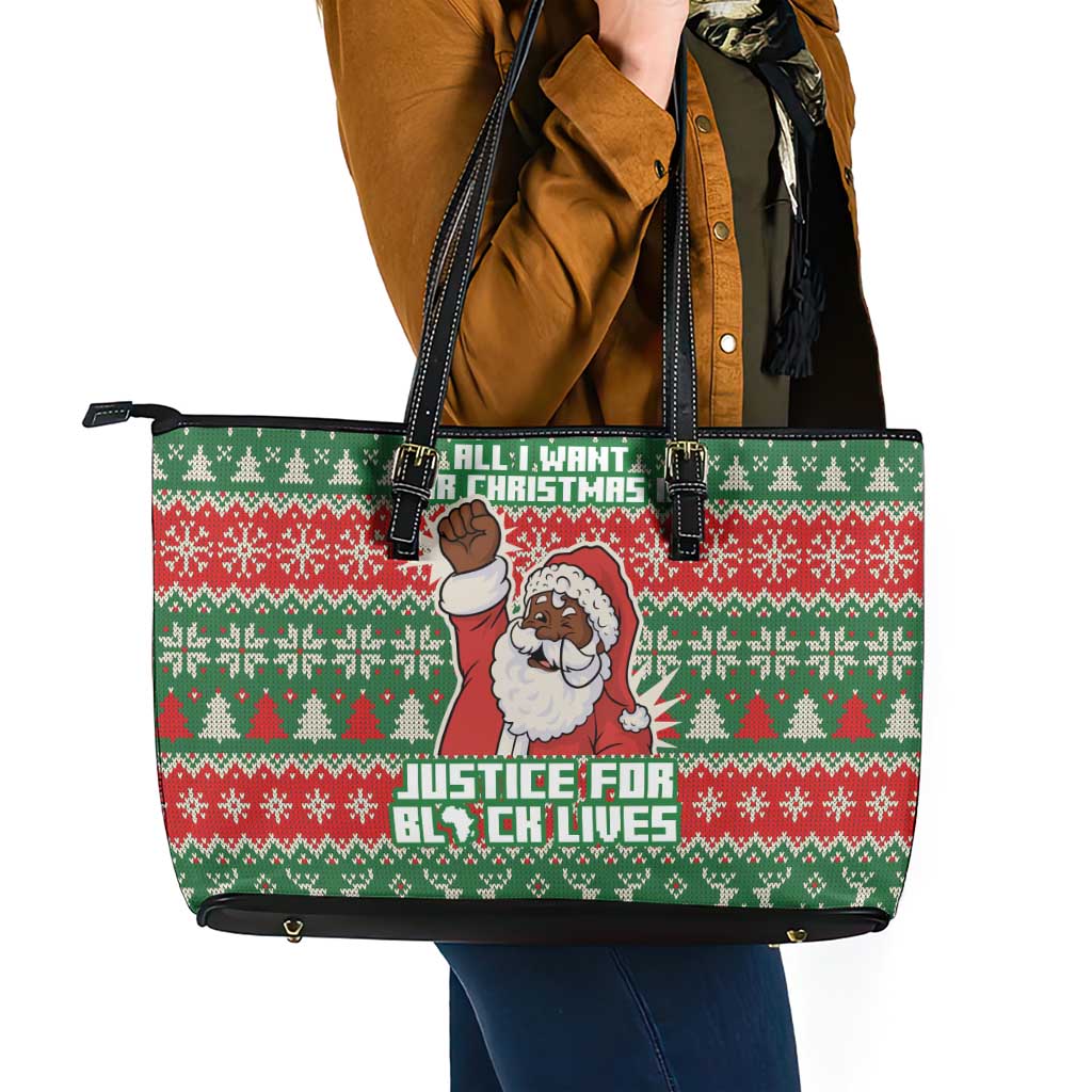 Justice For Black Lives Christmas Leather Tote Bag Funny Xmas Holiday Patterns - Wonder Print Shop