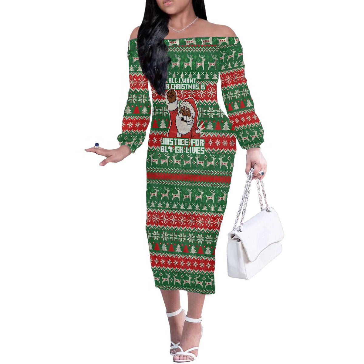 Justice For Black Lives Christmas Off The Shoulder Long Sleeve Dress Funny Xmas Holiday Patterns - Wonder Print Shop