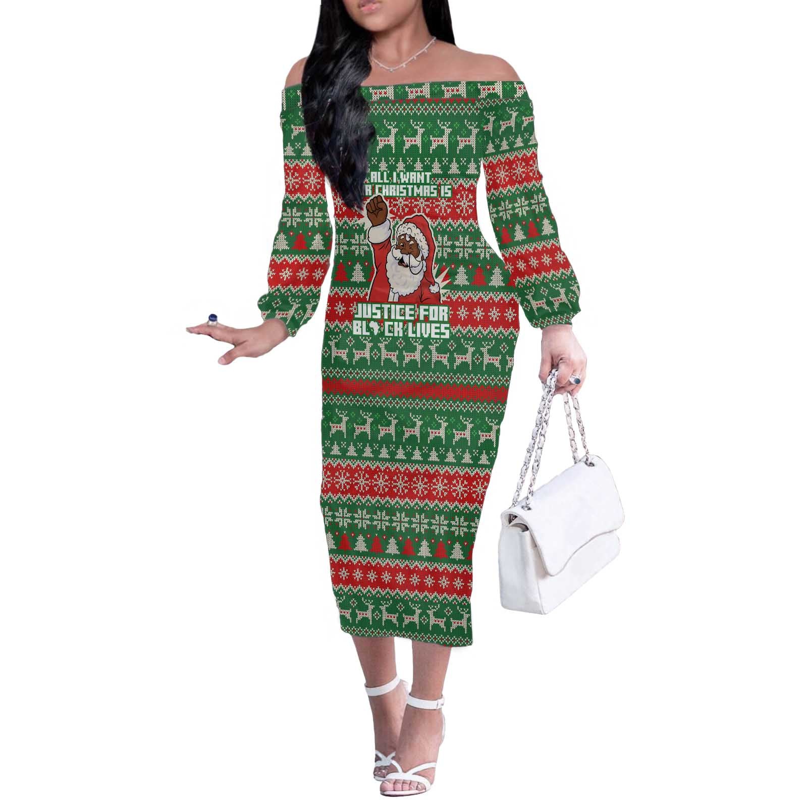 Justice For Black Lives Christmas Off The Shoulder Long Sleeve Dress Funny Xmas Holiday Patterns - Wonder Print Shop